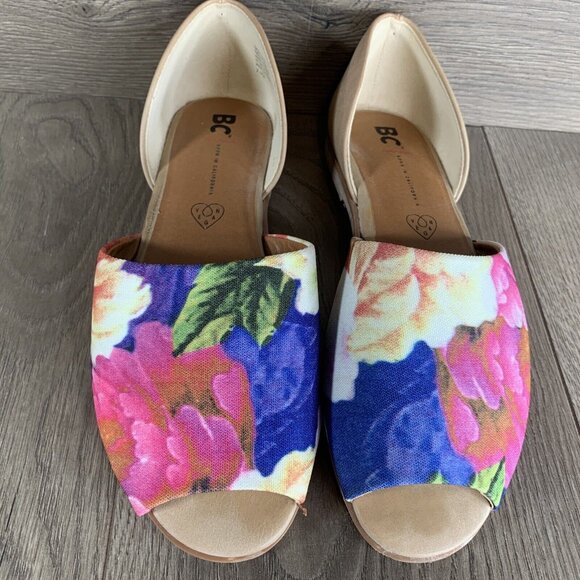 BC Vegan Dress Flat Shoes Women's 7.5 Slip-on Open Toe Floral Print All Man Made - Picture 3 of 16